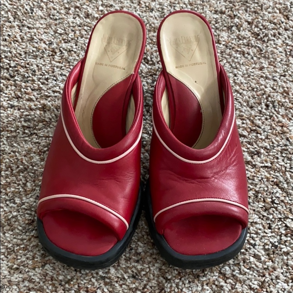 John Fluevog Red Leather Open-Toe Heels with White Piping